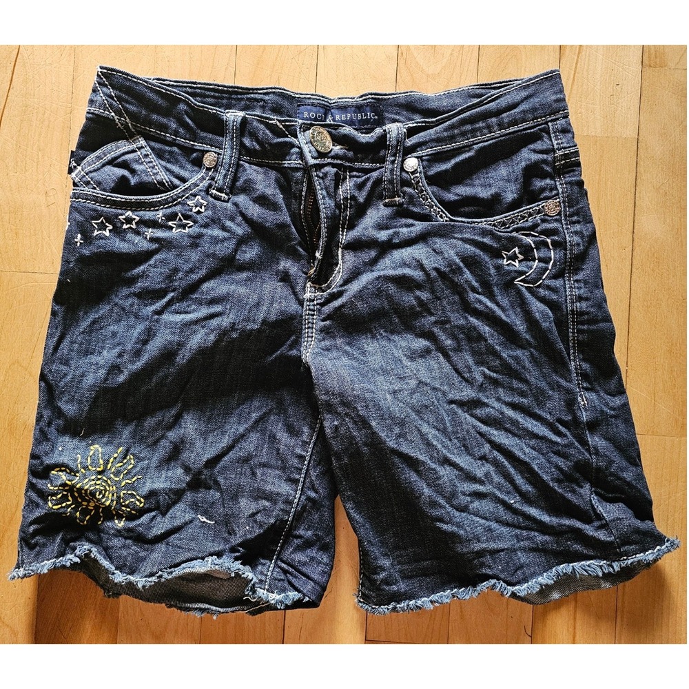 Rock & Republic Womens Dark Wash Hand Embroidered Celestial Star Denim Shorts 4